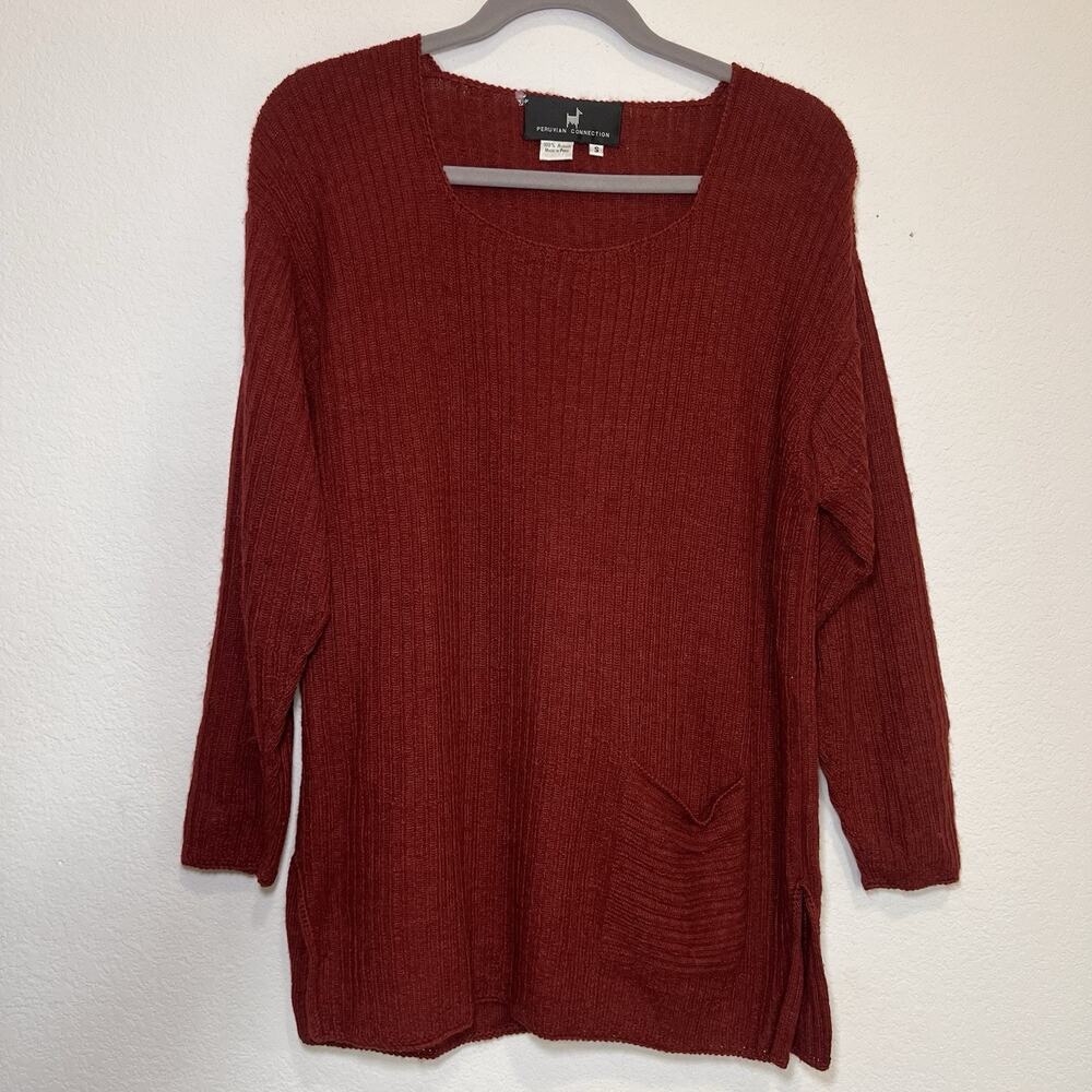 Peruvian Connection Sweater Size S Rust Red 100% Alpaca Ribbed Pocket Tunic Peru